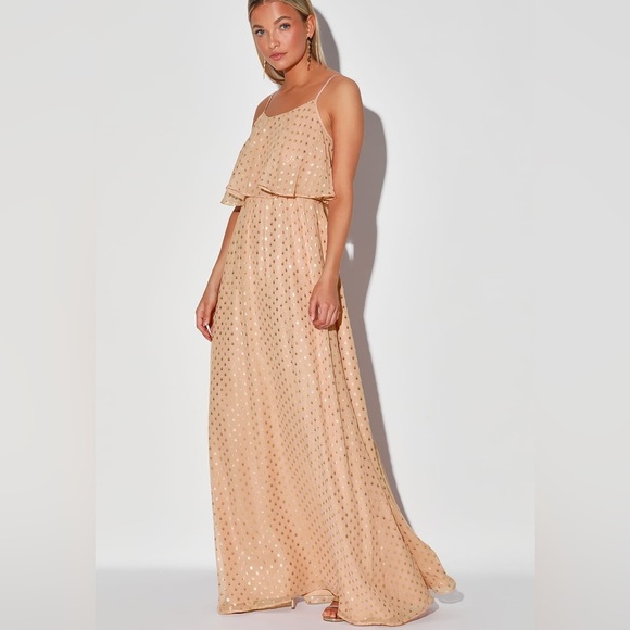 Lulus I'm Yours Blush and Gold Polka Dot Sleeveless Maxi Dress Size Small - Picture 1 of 8